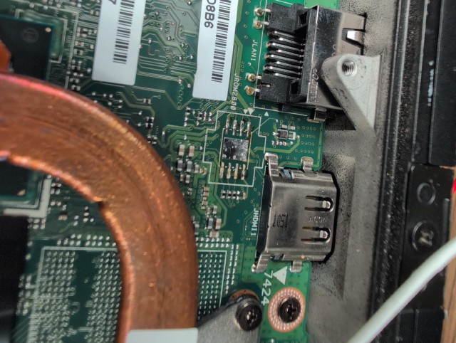 Laptop motherboard with removed chip