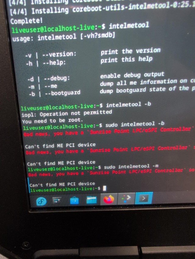 Command-line utility showing ME disabled